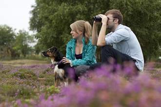 People and dog in heathland