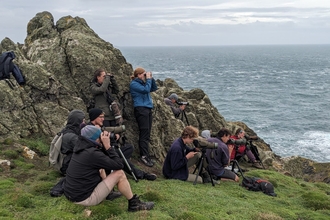 A group of people looking at birds through telescopes. The sea is behind them.