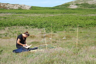 A woman kneeling in a grassy landscape writing on a clipboard