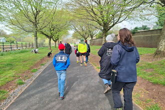 People walking through a park. There are large trees and grass beside the path.