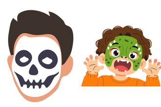 2 graphics showing faces painted as a skull and a green monster