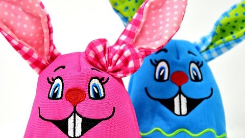 pink and blue fabric bunnies