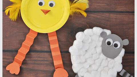 Paper plates decorated as a chick and a lamb