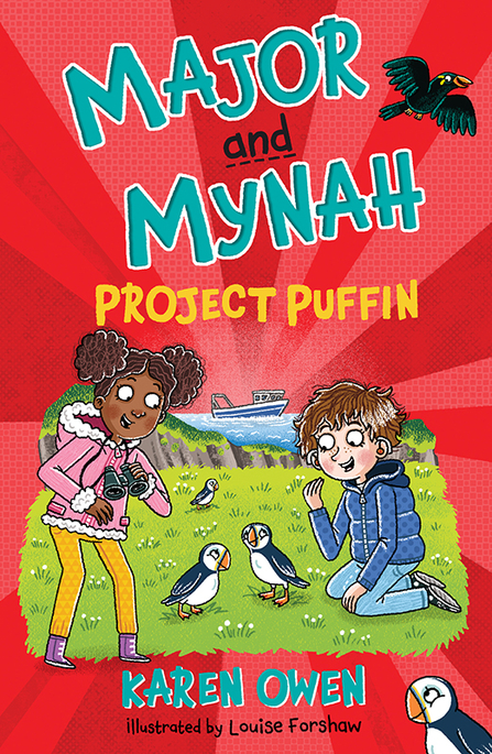 Cover of 'Major and Mynah: Project Puffin' book. It's bright red with cartoons of two children and puffins. 