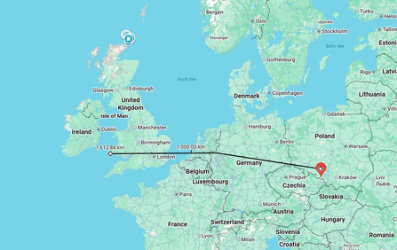 A map of the journey of the Med Gull from Poland to the UK