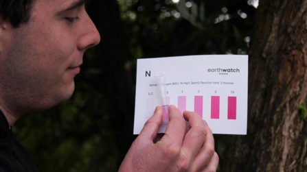 Close up of a someone holding a small water sample and comparing the colour to a guide